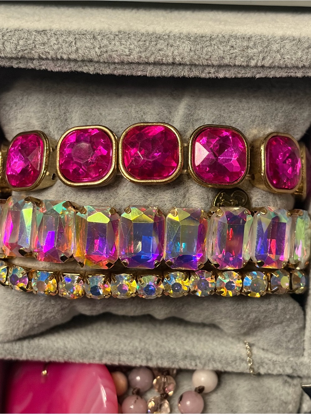 Gold Bracelet Set with Hot Pink and Iridescent Stones